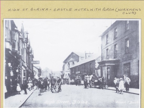 High Street, Blaina with the Castle Hotel (Workman's Hotel) showing the porch