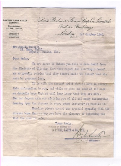 Letter to Mrs Amelia Elliott with regards to her missing son Stanley George Elliott