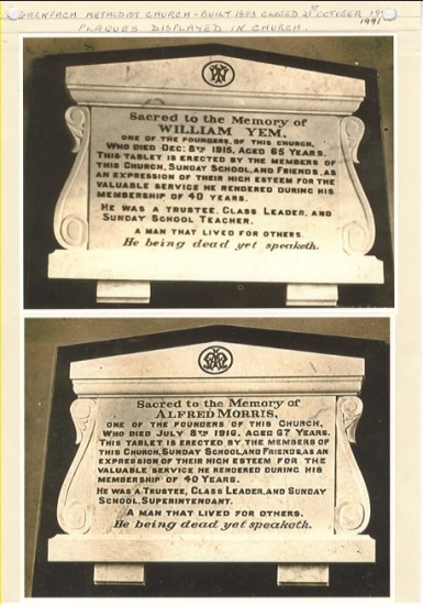 Garnfach Methodist Church ( built 1883, closed 21st October 1991), plaques displayed in church 