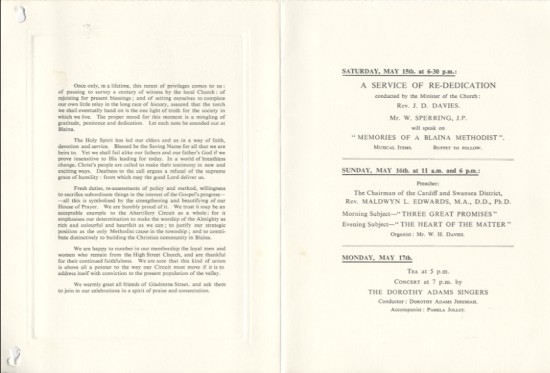 The Methodist Church, Blaina.  Centenary Celebrations 1865 to 1965 (part 2 of 2)