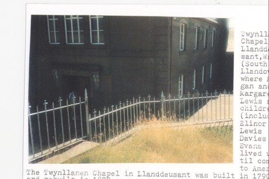 Twynllanen Chapel where Morgan and Margaret Lewis and their children lived until going to America.
