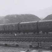 A rake of miners' coaches in the carriage sidings