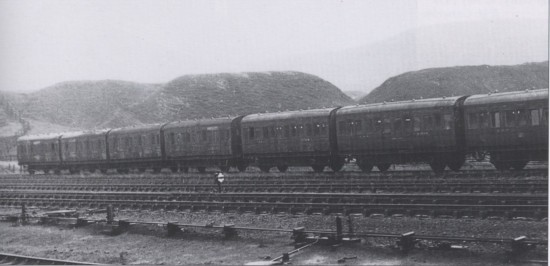 A rake of miners' coaches in the carriage sidings