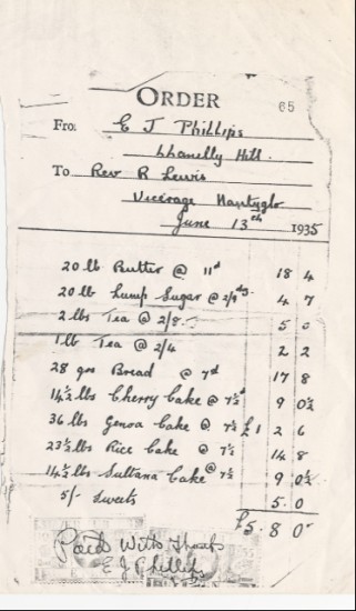 Order from Rev.R.Lewis Vicar Nantyglo