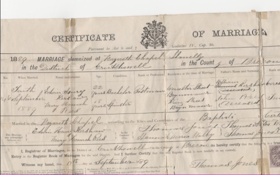 Marriage certificate Edwin kershaw