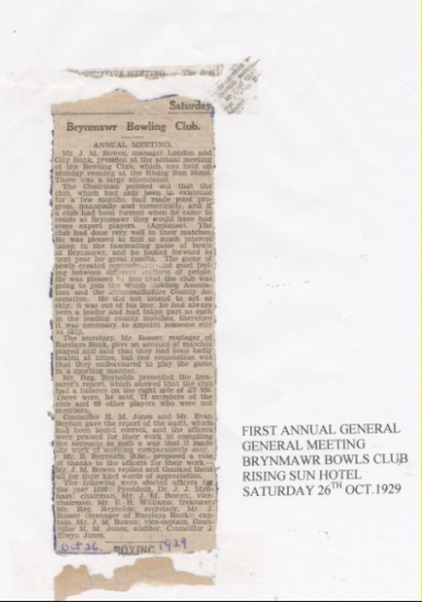 Newspaper report of Brynmawr Bowls A.G.M
