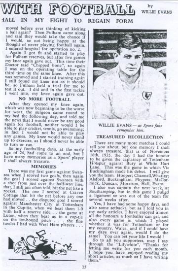 Willie Evans of Victoria,Wales Football International 1931 to 1936,played for Tottenham Hotspur but his promising Football career was cut short when only 24 with a serious knee injury.Played 162 times and scored 70 goals.