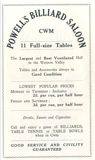 Powell's Billiard Saloon,Cwm.