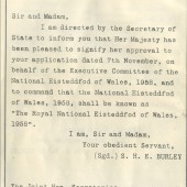 Royal Consent from Her Majesty Queen Elizabeth for The National Eisteddfod of Wales at Ebbw Vale in 1958.