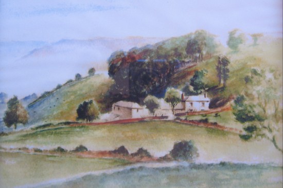 Painting of Pen Y Crug Farm in The Silent Valley or Cwm Merddach by Marilyn Hilgartner.