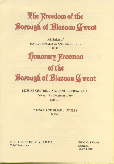 D.Ronald Evans,Honorary Freeman of The Borough of Blaenau Gwent. 