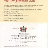 Official Invitation to Mr.and Mrs.Enid Morris for The Honorary Freeman bestowed on David Ronald Evans,Labour Agent for Aneurin Bevan M.P. And Michael Foot M.P.