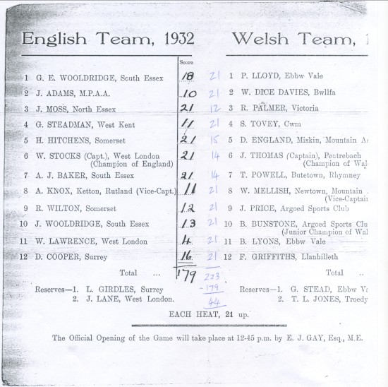 Quoits International ,Wales 223 England 179