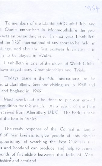 Quoits International 1954 at Llanhilleth