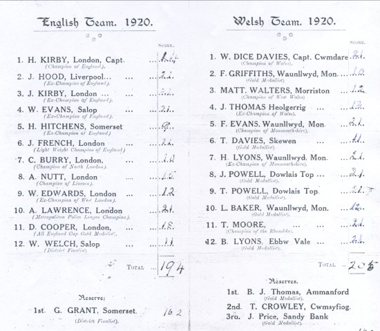 Quoits International  Wales 205 England 194 held in 1920 at Ystrad Rhondda